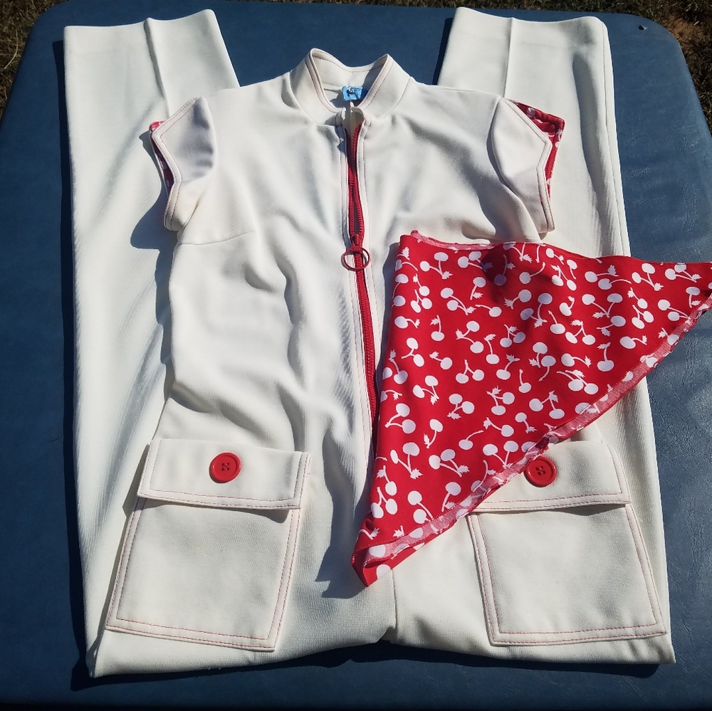 VTG Jumpsuit 1960's White Red Cherry 70's S - Picture 1 of 9